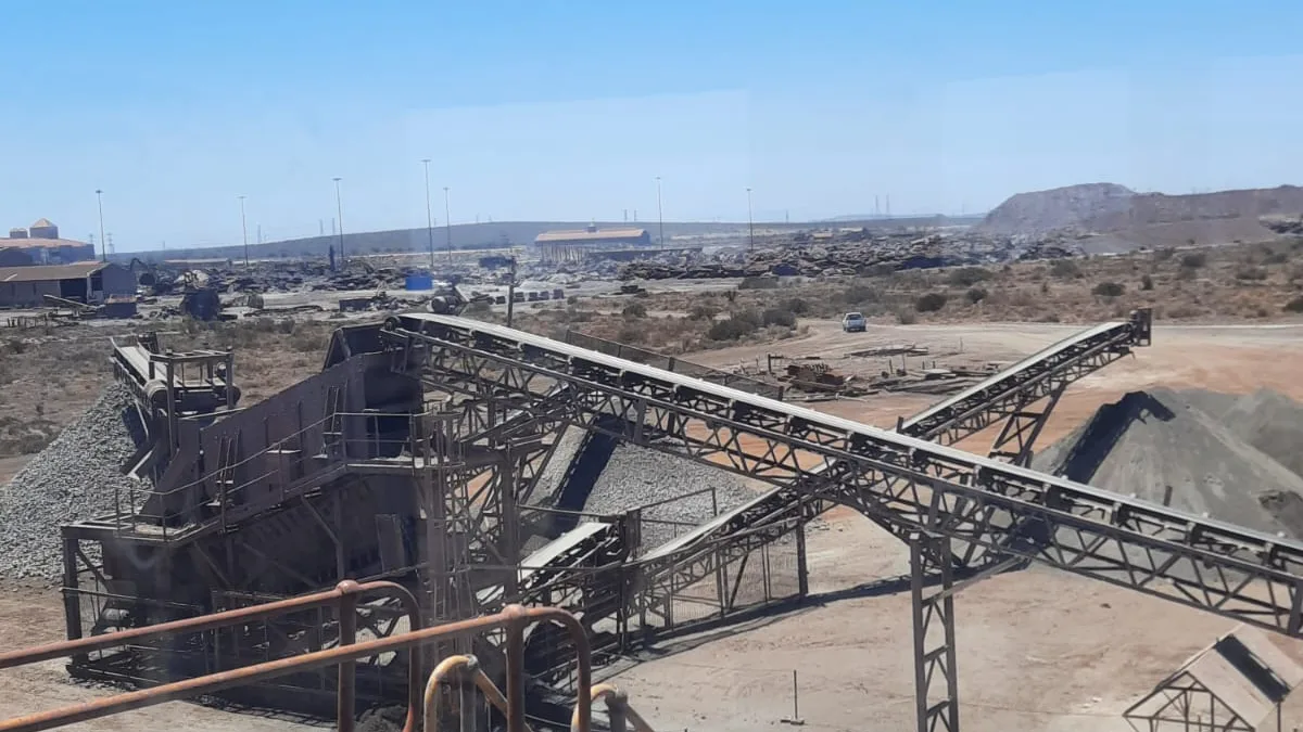 Elevated view of interconnected conveyors and steel structures at the Saldanha metal recovery plant.